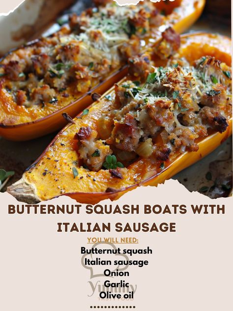 🍁🍂 Cozy up with Butternut Squash Boats with Italian Sausage! A hearty, comforting meal. #SquashSeason Butternut Squash Boats with Italian Sausage Ingredients: Butternut squash, halved and seeded (2) Italian sausage, cooked and crumbled (1 lb) Onion, diced (1) Garlic, minced (2 cloves) Olive oil (1 tbsp) Parmesan cheese, grated (1/4 cup) Instructions: Roast squash halves at 400°F until tender. Sauté onion and garlic, mix with sausage. Fill squash, top with Parmesan, bake until golden. 🍠🌰 Div... Sausage Stuffed Butternut Squash Recipes, Butternut Squash Boats, Butternut Squash And Sausage, Butternut Squash Spaghetti, Roast Squash, Squash Boats, Sausage Ingredients, Baked Butternut Squash, Squash Casserole