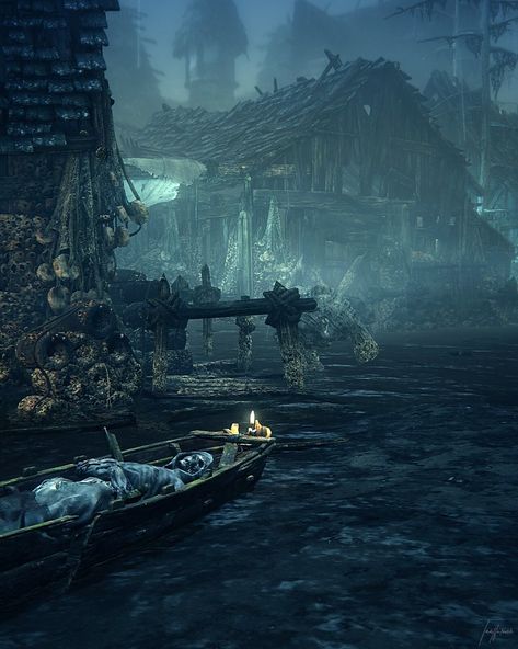 Fishing Hamlet Bloodborne, Fishing Hamlet, Bloodborne Fishing Hamlet, Bloodborne Hunter Concept Art, Bloodborne Clocktower, Bloodborne Environment, Lake Eerie, Dark Souls Artwork, Old Blood