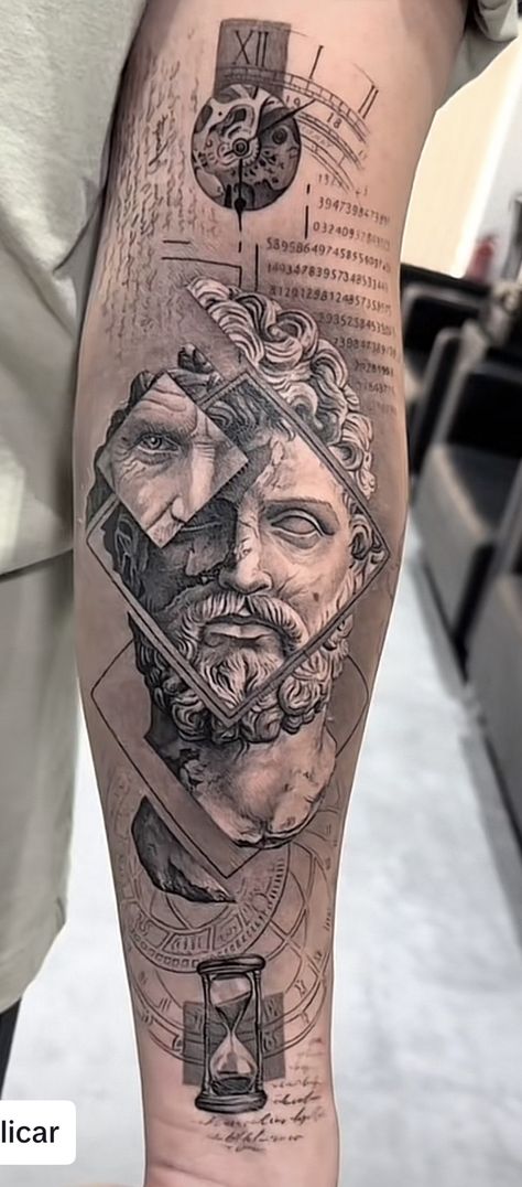 Men’s Forearm Tattoos Greek, Ancient Rome Tattoo Sleeve, Stoics Tattoo, Conceptual Tattoo For Men, Geometric Line Tattoo Men, Sleeve Tattoo Greek Mythology, Greek Tattoo Ideas For Men, Conceptual Tattoo Ideas, Greek Arm Tattoo