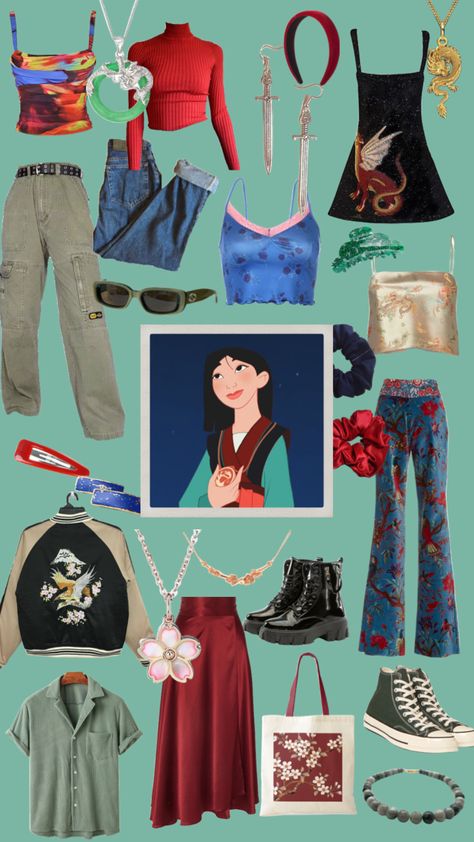 Mulan #disneyprincess #disney #mulan #outfitinspo #disneybound #disneyfashionseries #clothing #accessories Mulan Inspired Outfit Modern Disney, Mulan Disney Bounding, Mulan Disney Outfit, Mulan Outfit Ideas Modern Disney, Modern Mulan Outfit, Outfits Inspired By Disney Princesses, Mulan Modern Outfit, Mulan Outfit Ideas, Meg Disneybound