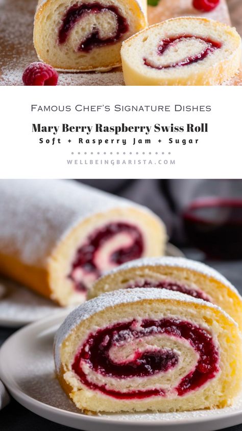 Mary Berry's Swiss Roll recipe is your go-to choice. With its light, fluffy sponge and luscious raspberry jam filling, Jam Swiss Roll Recipe, Roulade Recipe Desserts, Jam Swiss Roll, Raspberry Swiss Roll, Marry Berry Recipes, Mary Berry Recipes Baking, Mary Berry Recipes, Jelly Rolls Recipe, Gbbo Recipes