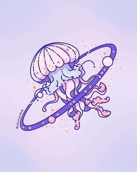 Cosmic jellyfish! This is the last new cosmic animal I’m adding this year because the mid-year, new designs only deadline is coming up. And I got a lot of existing collections that need some new additions. 👀 Cosmic jellies will be going out to become stickers and pins. In the meantime, I models cosmic jelly after my jellyfish sticker. 🥰 My mid-year new designs deadline is around June or July. It’s the time when I stop adding to existing collections and focus on only new concepts. I started ... Jellyfish Oc Design, Jellyfish Concept Art, Cosmic Jellyfish, Space Jellyfish, Jellyfish Sticker, Jellyfish Illustration, Jellyfish Design, Graphic Shapes Design, Jellyfish Art