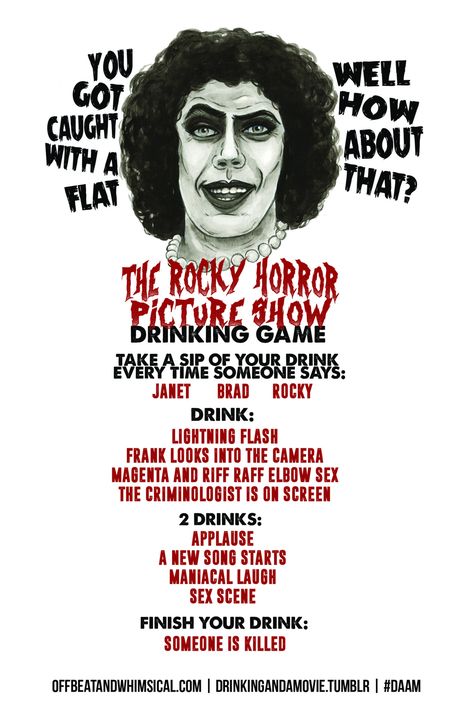 Movie Drinking Games, Adult Drinking Games, Sleepover Party Games, Horror Party, Rocky Horror Show, The Rocky Horror Picture Show, Study Techniques, Drinking Game, Horror Picture Show