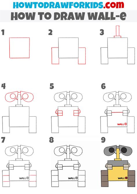 How to Draw WALL-E - Easy Drawing Tutorial For Kids Disney Doodles Easy Simple, Wall-e Printables, Wall E Easy Drawing, Wall E Doodle, How To Draw R2d2, How To Draw Wall-e Step By Step, Wall E Drawings Easy, Disney How To Draw, Disney Drawing Tutorial Step By Step