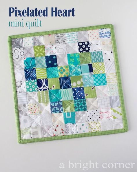 Pixelated Heart mini quilt tutorial from Andy of A Bright Corner - a fun fabric scrap project great for mug rug or mini quilt Pixelated Heart, Mug Rug Tutorial, Heart Wall Hanging, Heart Quilt Pattern, Mini Quilt Patterns, Pixel Heart, Rug Tutorial, Scrappy Quilt Patterns, Fabric Postcards