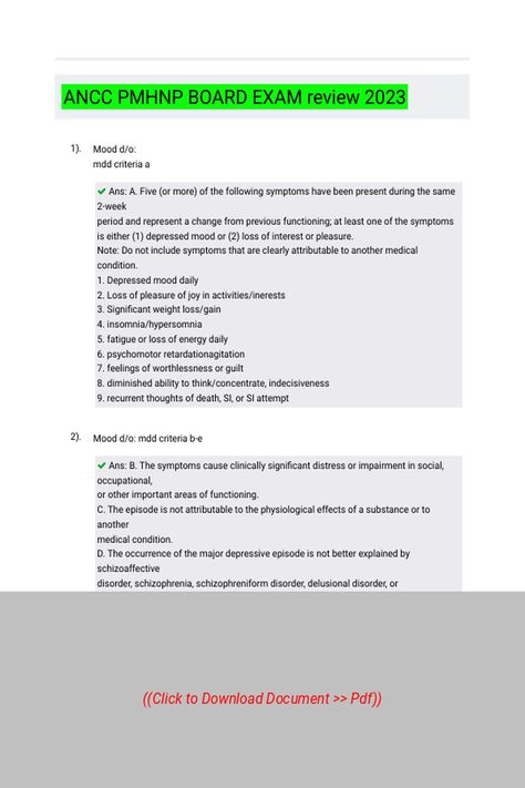 ANCC PMHNP BOARD EXAM review 2023 
 Follow Link above to Download the document (pdf) Psychiatric Nurse, Psychiatric Nurse Practitioner, Psychiatric Nursing, Exam Review, Board Exam, Homework Help, Nurse Practitioner, Homework