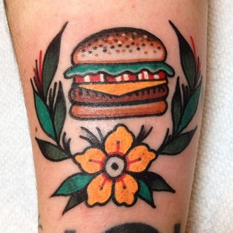 Hamberger tattoo Traditional Food Tattoo, Hamburger Tattoo, Burger Tattoo, Traditional Tattoo Filler, Food Tattoo, Food Tattoos, Tattoo Filler, Custom Temporary Tattoos, American Tattoos