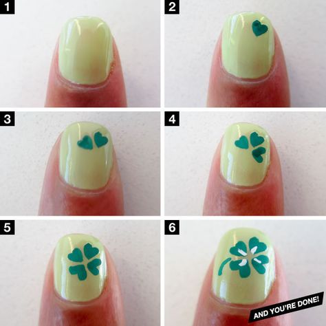 How-To: Four-Leaf Clover Mani | Beautylish.   Perfect for St. Patrick's day coming up!! Sure to bring you the luck 'o the Irish! Shamrock Nails, Saint Patrick Nail, St Patricks Day Nails, Holiday Nail Art, Simple Nail Art Designs, Nail Polish Designs, Easy Nail Art, Nail Art Tutorial, Nail Arts