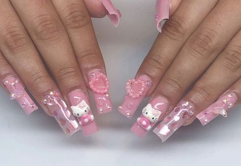 Adorable Nails, Quinceanera Nails, Henna Nails, Kitty Nails, Aesthetic Nails, Cute Acrylic Nail Designs, Hello Kitty Nails, Really Cute Nails, Unique Acrylic Nails