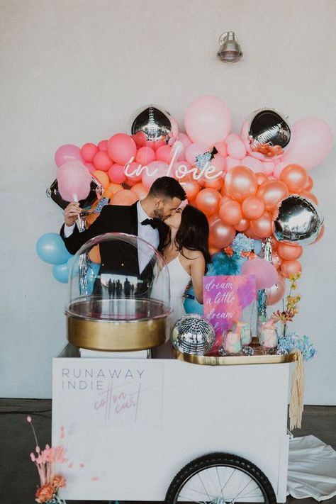 Peace, love, & good vibes Coachella themed wedding ideas Coachella Theme Centerpieces, Coachella Event, Wedding Cotton Candy Bar, Coachella Theme Party Invitations, Coachella Vip Lounge, Cotton Candy Wedding, Coachella Brand Activation, Indie Wedding Dress, Cotton Candy Favors