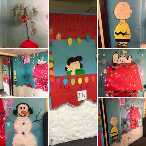 Snoopy Christmas Office Decorations, Charlie Brown Christmas Hallway, Christmas Movie Office Decorations, Charlie Brown Christmas Office Decor, Charlie Brown Christmas Hallway Decorations, Charlie Brown Door Decorating Ideas, Charlie Brown Christmas Door Decorations, Charlie Brown Christmas Door, Charlie Brown Christmas Decorations