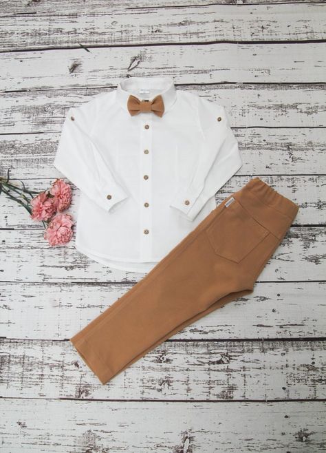 Tan Baby Ring Bearer Knit Outfit by Vestos | Junebug Weddings Ring Bearer Outfit Brown, Wedding Bearers, Baby Ring Bearer, Ring Bearer Outfits, Suspenders Outfit, Vintage Engagement Ring Settings, Baby Ring, Kids Ties, Neutral Wedding Colors