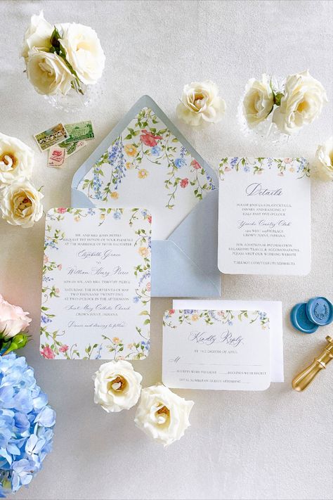 With an elegant watercolor wildflower border, the Mayfair wedding invitation set is perfect for a secret garden-themed wedding. Your wedding is an invitation to your family friends to witness one of the most romantic moments of your life, and it’s an opportunity for you as a couple to showcase your style. This is your chance to allow your guests a sneak peek into what they can expect on your wedding day. Wild Flower Wedding Website, Pear Wedding Invitations, Floral Pastel Wedding Invitations, Wedding Invitation Watercolor Floral, Pastel Floral Invitation, Modern Garden Wedding Invitations, Summer Wedding Stationary, Spring Pastel Wedding Invitations, August Wedding Invitations