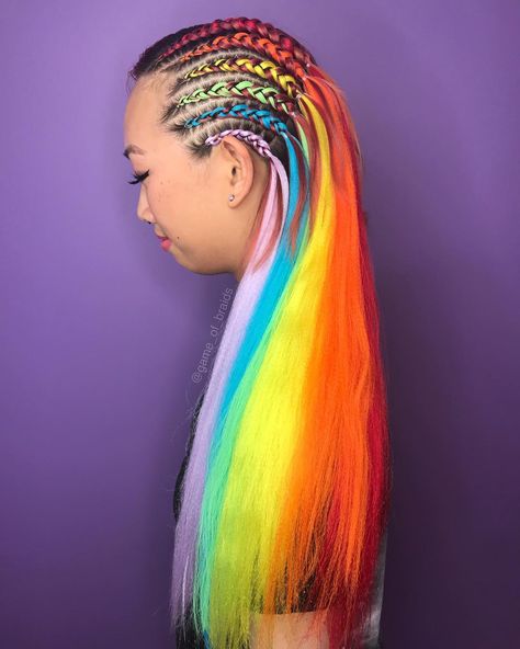 Rainbow Cornrows, Rainbow Braids For Kids, Rainbow Braids For Black Women, Unicorn Braids Black Women, Unicorn Hair Color On Black Women, Holiday Braids, Rainbow Human Hair Wig, Braids Aesthetic, Rainbow Hair Prism