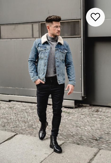 Sherpa Jacket Mens Outfit, Sherpa Denim Jacket Outfit Men, Sherpa Denim Jacket Outfit, Ootd Men Casual, Sherpa Jacket Outfit, Mens Winter Fashion Outfits, Stylish Mens Suits, Black Outfit Men, Sherpa Denim Jacket