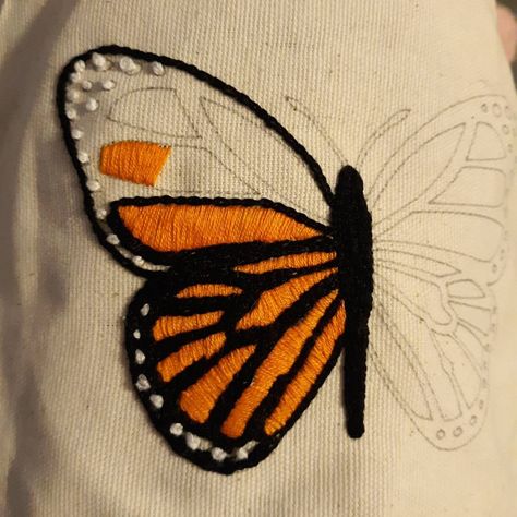 "Still stitching away on my monarch!" Monarch Butterfly Embroidery Pattern, Orange Butterfly Embroidery, Monarch Embroidery, Small Butterfly Embroidery, Monarch Butterfly Embroidery, Butterfly Pillow, Orange Butterfly, Embroidered Butterfly, Butterfly Gifts