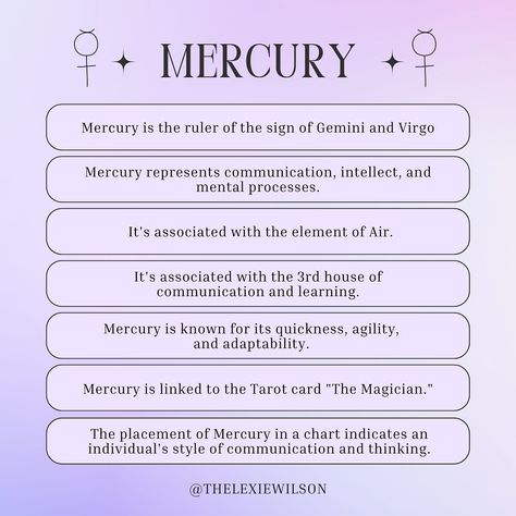 With Mercury Rxing through Aries until April 25th, let’s talk about this fast moving planet! Mercury in your chart represents your communication and thinking style. To find out where your Mercury is - go to your chart and look for the Mercury glyph or the word and then check the zodiac sign it’s in. Swipe 👉🏾 to find out what it means for what zodiac sign your Mercury is in. For example; my Mercury is in Sagittarius - so I tend to think and talk like a Sagittarius- despite being a Capricor... Mercury Meaning Astrology, Mercury Glyph, Mercury In Aries, Mercury Sign, Astrology Tips, Planet Mercury, Gemini And Virgo, Sign Meaning, Fast Moving