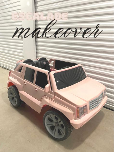 “Escalade makeover” title with power wheels Escalade car in matte pink with black and gray accents. Diy Power Wheels Makeover, Barbie Jeep Makeover, Step2 Push Car Makeover, Car Paint Diy, Power Wheels Truck, Power Wheels Makeover, Barbie Power Wheels, Power Wheel Cars, Girls Toy Box