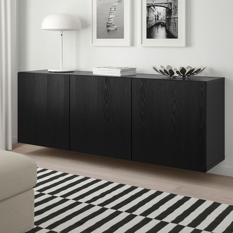 BESTÅ Wall-mounted cabinet combination, black-brown, Timmerviken black, 70 7/8x16 1/2x25 1/4" - IKEA Living Room With Tv, Besta Ikea, Black And White Living Room, Floating Cabinets, Ikea Besta, Wall Mounted Cabinet, White Living, White Living Room, Buffet Cabinet