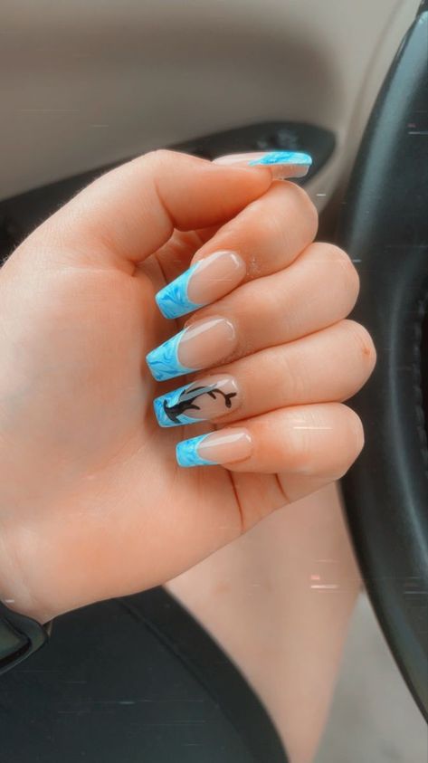 Beachy Nails Coffin, Manta Ray Nails, Turtle Acrylic Nails, Nails Beachy, Blue Cinderella Nails, Shark Nails Designs, Cute Shark Nails, Shark Inspired Nails, Sea Animal Nails