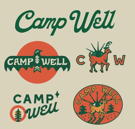 Kate Libby | Graphic Designer | Some mo Camp Well exploration done in collaboration and creative direction by @faceplantcreative . . . . #branding #brandingdesign… | Instagram Camp Logo Vintage, Hiking Design Graphic, Labor Day Graphic Design, Camping Logo Design Ideas, Summer Camp Graphic Design, Nostalgic Graphic Design, Outdoor Brand Logo, Summer Camp Branding, Camping Graphic Design