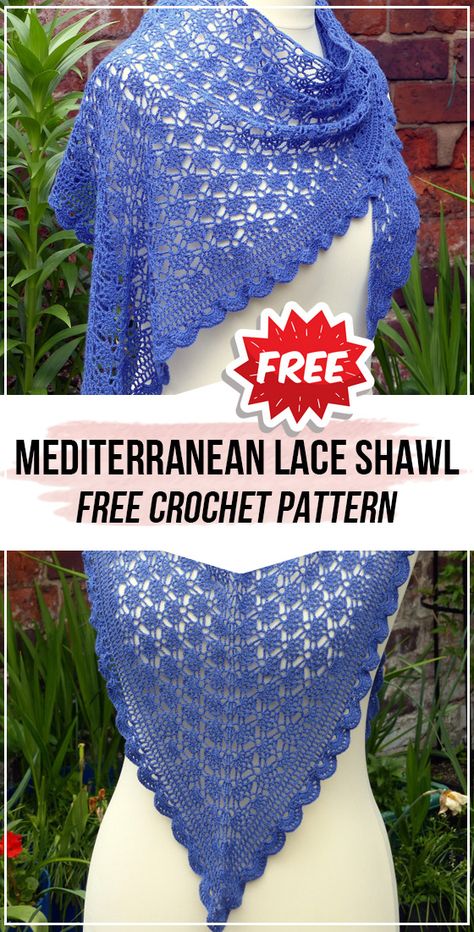 crochet Mediterranean Lace Shawl free pattern #Shawl #crochet #freecrochetpattern via @shareapattern.com Weight 1 Yarn Crochet Patterns, Prayer Shawl Crochet Pattern, Shawls Crochet, Shawl Free Pattern, Left Handed Crochet, Crochet Lace Shawl, Shawl Crochet, Lace Shawl, Shawl Crochet Pattern