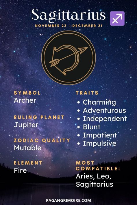 Discover Sagittarius's personality traits, the dates for this mutable fire sign, what signs are most compatible with the Sagittarius zodiac sign and more. #sagittarius #zodiac #firesign #astrology Saggitarius Personality Traits, Fire Signs Zodiac Sagittarius, Zodiac Sign Facts Sagittarius, Sagittarius Zodiac Facts, Zodiac Signs Personality Traits, Sagittarius Personality Traits, Sagittarius Things, Sagittarius Birthstone, Sagittarius Signs