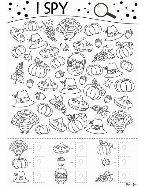 Thanksgiving I Spy worksheet Fill in the number of items found at the bottom for turkeys, pumpkins, Pilgrim hats, pie, acorns, basket of fruit, pumpkins with a leaf, and grapes Pilgrim Activities For 1st Grade, Thankful Coloring Sheets For Kids, Harvest Worksheets Preschool, Pilgrims And Indians Preschool, Pilgrim Activities For Preschool, Thanksgiving Black And White, Thanksgiving Worksheets Kindergarten, Pilgrim Activities, Pilgrim Hats