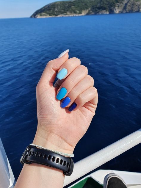 New England Nails, Mamma Mia Nails, Summer Blue Nails, Greece Nails, Vacay Nails, Almond Acrylic, Short Acrylic, July Nails, Almond Acrylic Nails