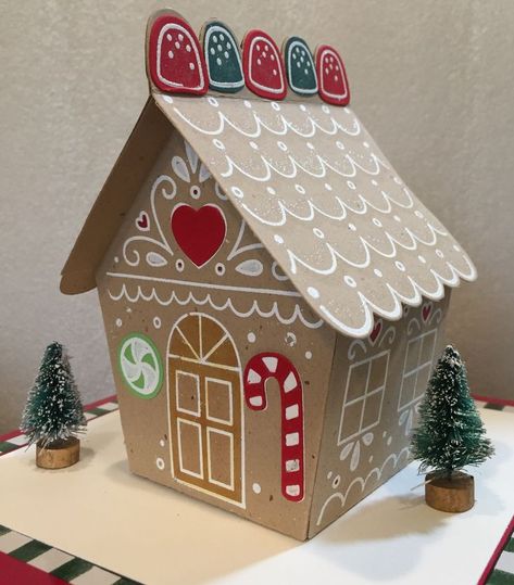 holiday house made from cardstock using Gingerbread house gift box die from Diamond Press. Cardboard Gingerbread House, House Gift Box, Diamond Press, Gingerbread Crafts, Handmade Christmas Crafts, Holiday House, Paper Houses, Christmas Crafts Decorations, House Made