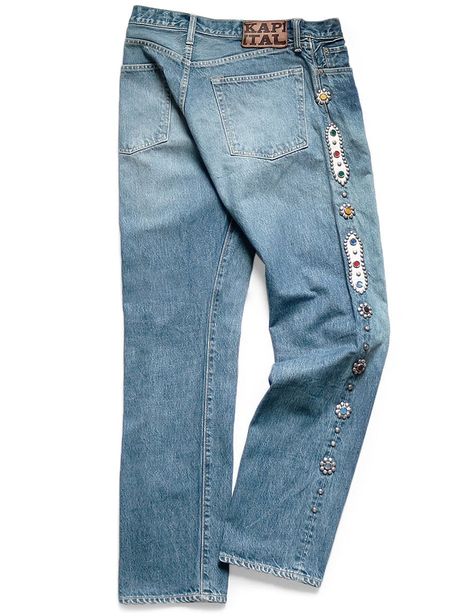 Kapital Denim, Boro Stitching, Denim Inspiration, Men's Bottoms, Studs Men, Studded Denim, Studded Jeans, Street Fashion Men Streetwear, Engineered Garments