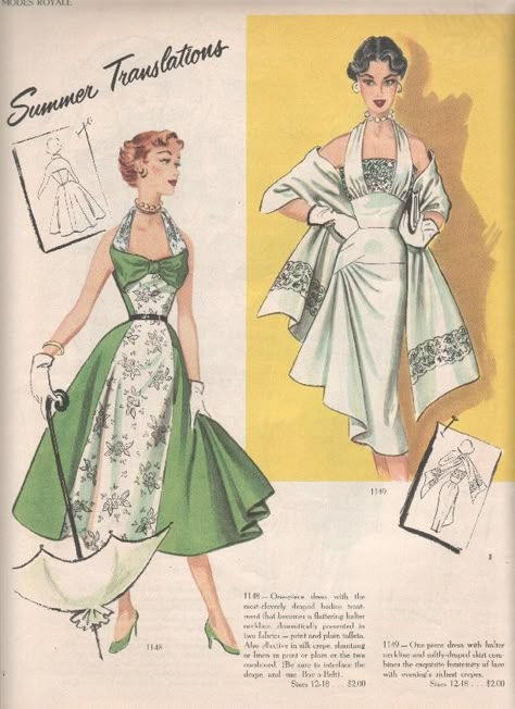 Old Fashion Magazine, Dresses Sketches, 50's Dresses, Vintage Clothes Patterns, Patron Vintage, Dress Illustration, Vintage Dress Patterns, Fashion 1950s, Antique Clothing