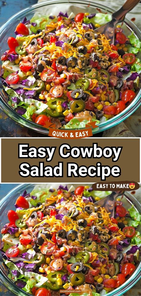 Loaded with plenty of tasty ingredients and covered in a creamy and flavorful dressing, this cowboy salad is a filling meal on its own. Cowboy Salad Dressing, Cowboy Fruit Salad, Loaded Cowboy Salad, Cowboy Corn Salad, Cowboy Salad 12 Tomatoes, Filling Dinner Salads, Cowboy Coleslaw Recipe, Cowboy Salad Recipe Pioneer Woman, Browns Social House Cowboy Salad Recipe