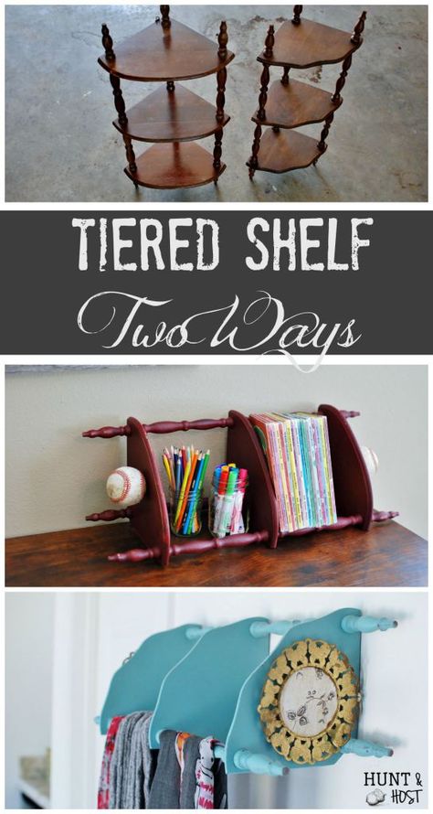 Tiered Shelf: Two Ways: A garage sale item finished two ways. This three tiered corner shelf gets some fresh chalkpaint and finishes to be used in a multitude of ways! Hannah Renee, Thrifting Diy, Garage Storage Plans, Ladder Shelf Diy, Painted Shelf, Corner Shelf Ideas, Furniture Repurposing, Shelf Makeover, Tiered Shelf