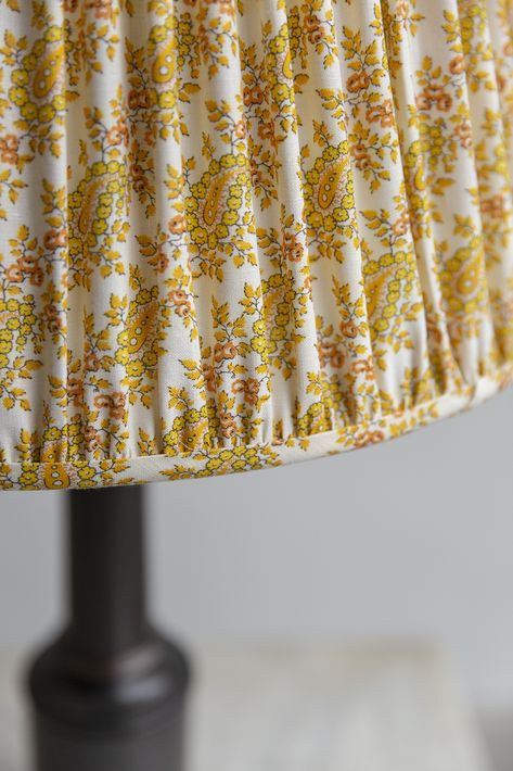 Thimble Print Pondicherry linen 'Maize' made up as a gathered lampshade by Howe Howe London, Cigarbox Guitar, Modern English Country, Linen Lampshade, Drapes And Blinds, I Love Lamp, Copper Frame, Pondicherry, Diy Lamp Shade