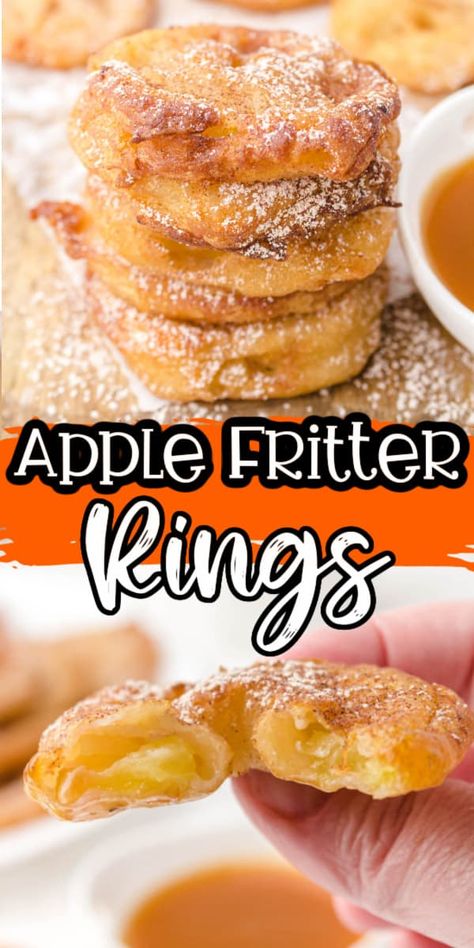 Apple Fritter Rings Recipe, Fried Caramel Apple Rings, Apple Fritter Rings, Deep Fried Apple Rings, Baked Apple Rings Recipe, Deep Fried Apples, Fried Cinnamon Apple Rings, Baked Apple Rings, Fruity Deserts