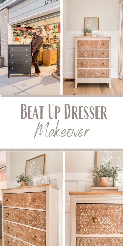 Old Beat Up Dresser Gets a Fresh Look Basset Dresser Makeover, Refinishing Wood Dresser, Refinish Dresser Ideas, How To Redo A Dresser, Painted Dressers Ideas, Repainted Dresser Ideas, Old Dresser Makeovers, White Dresser Diy, How To Style A Dresser Top