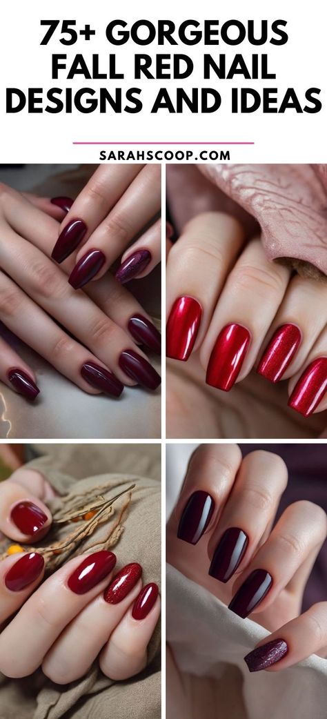 Discover your next fall-inspired red nail design! 💅🍁 #nailinspo #fallnails #rednails Shades Of Red Nails Ideas, Crimson Nail Ideas, Christmas Color Nails Simple, Oxblood Nails Acrylic, Short Fall Ombre Nails, Dark Red Shellac Nails, Dark Red Autumn Nails, Red November Nails, Red Shellac Nails Design