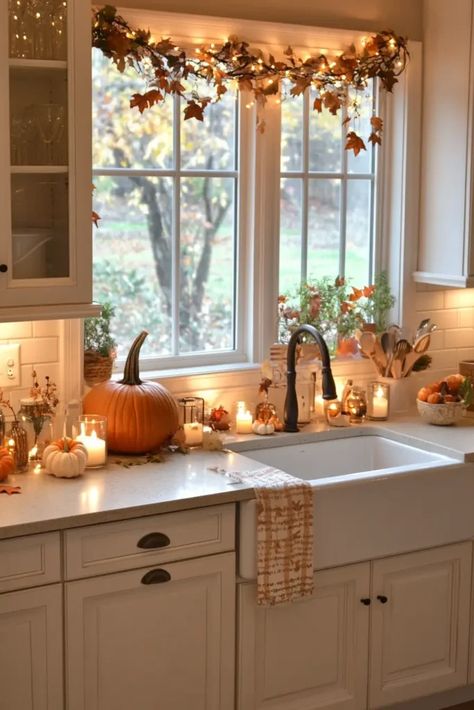 Decorate Above Doorway, Recipe Kitchen Decor, Fall Kitchen Lights, Fall Decor Inspo Kitchen, Farmstyle Home Decor Ideas, Cottage Core Autumn Decor, Kitchen Garland Ideas, Kitchen Fall Decorating Ideas 2024, Fall Rustic Decor Ideas