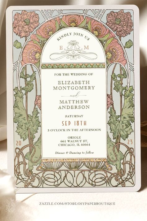 An Art Nouveau Wedding Invitation in the design of Alphonse Mucha Art Nouveau Wedding Invitation, Poppy Wedding, Art Nouveau Wedding, Nouveau Wedding, Art Nouveau Weddings, Art Deco Wedding Invitations, Wedding Fair, Fantasy Wedding, Up Book