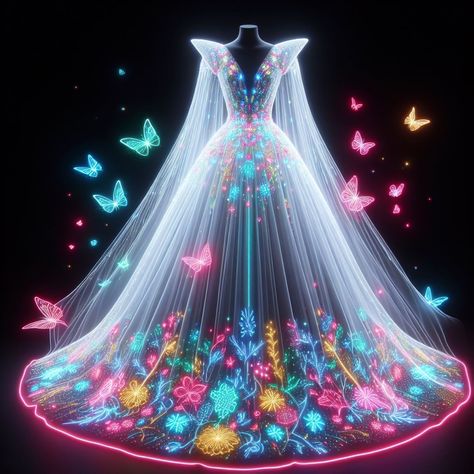 Dress neon art 👗👒👠Beautiful picture AI created by អាណាចក្រសម្រស់ [[ Beauty Empire ]] 🇰🇭 Artistic Costumes, Scifi Fashion, Fantasy Dress Drawing, Flower Dress Design, Light Up Dresses, Princess Makeover, Dark Princess, Easy Dress Sewing Patterns, Disney Princess Makeover