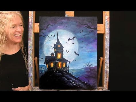 HALLOWEEN Learn How to Draw and Paint with Acrylics HAUNTED HOUSE-Art tutorial-Paint and Sip at Home | Michelle the Painter How To Paint A Haunted House, Halloween Acrylic Painting Tutorial, Spooky Paint And Sip, Fall Pictures To Paint On Canvas, Michelle The Painter Tutorials, Paint Nite Ideas, Paint And Sip At Home, Michelle The Painter, Ghost Paintings