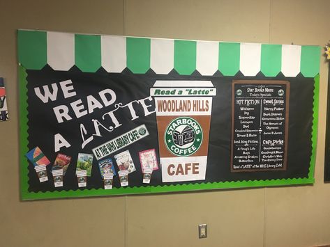 Starbooks Library Display, Starbucks Bulletin Board Ideas, Starbucks Book Tasting, Starbooks Reading Area, Coffee Shop Classroom Decor, Starbooks Library, Cafe Classroom Theme, Starbooks Cafe Classroom, Cafe Themed Classroom