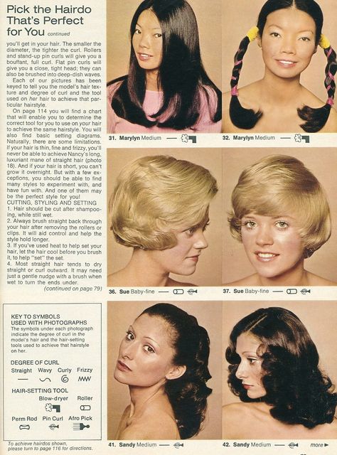 Common Hairstyles, 70’s Hair, 1970s Hairstyles, 70s Hair, Hair Patterns, Retro Beauty, Hair Magazine, Pin Curls, Amazing Hair