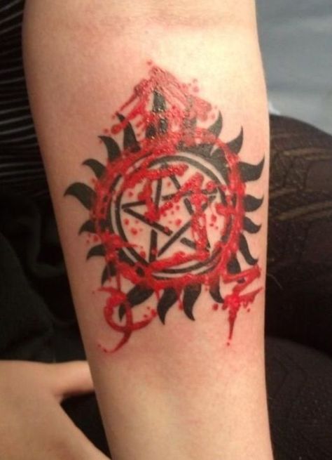 Angel sigil Banishing Sigil, Anti Possession Tattoo, Fandom Tattoos, Supernatural Tattoo, Fan Tattoo, Supernatural Imagines, Cool Tattoo, Supernatural Memes, Odaiba