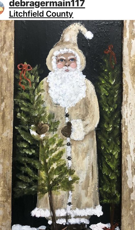 Vintage Santa Painting Diy, Primitive Santa Painting, Paint Santa, Wings Painting, Primitive Santas, Angel Wings Painting, Santa Paintings, Old World Santa, Christmas Canvas Art