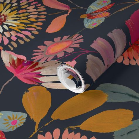 Spoonflower - Discover the Endless Possibilities of... Bold Wallpaper Cloakroom, Funky Floral Wallpaper, Spoonflower Wallpaper Floral, Peel And Stick Boho Wallpaper, Fun Floral Wallpaper, Best Spoonflower Wallpaper, Bold Floral Wallpaper Bathroom, Boho Modern Wallpaper, Funky Powder Room Wallpaper