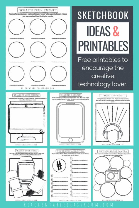 These free printable sketchbook ideas and printable drawing prompts are perfect for your technology loving kid or teen.  Print and go! Art Warm Ups, Sketchbook Prompts, Sketchbook Assignments, Art Sub Plans, Substitute Plans, Early Finishers Activities, Sketch Book Ideas, Art Worksheets, Drawing Prompts