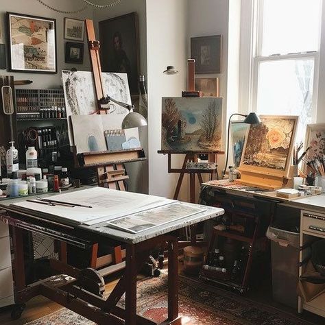 Art Studio At Home Small Spaces, Small Art Studio Ideas, Innovation Aesthetic, Small Home Office Inspiration, Office Art Room, Small Scale Industries, Artist Office, Artist Home Studio, Powerful Visuals