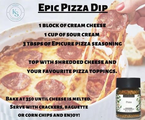 Epicure Recipes Desserts, Epicure Cheese Dip, Pizza Dip Recipes, Epicure Recipes, Pizza Dip, Healthy Dips, Appetizer Salads, Pizza Toppings, Appetizer Dips